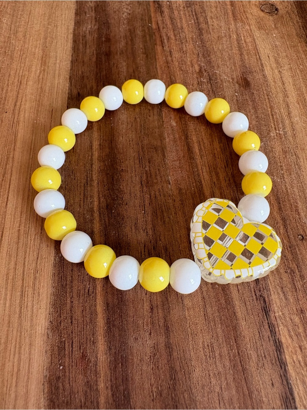 Yellow & White Beaded Heart Stretch Bracelet